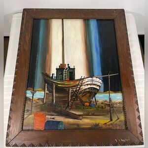 VTG 70s Folk Art Boat Oil Painting Syd Reidt Nautical Rustic Framed Mid Century